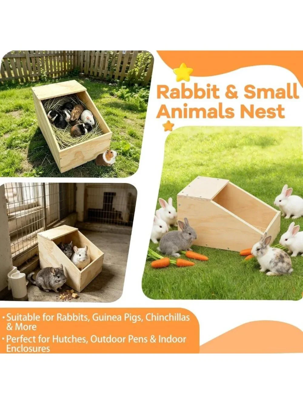 Cozy Wooden Rabbit Nesting Box - Solid Wood Small Animal Hideout, 16x11x11